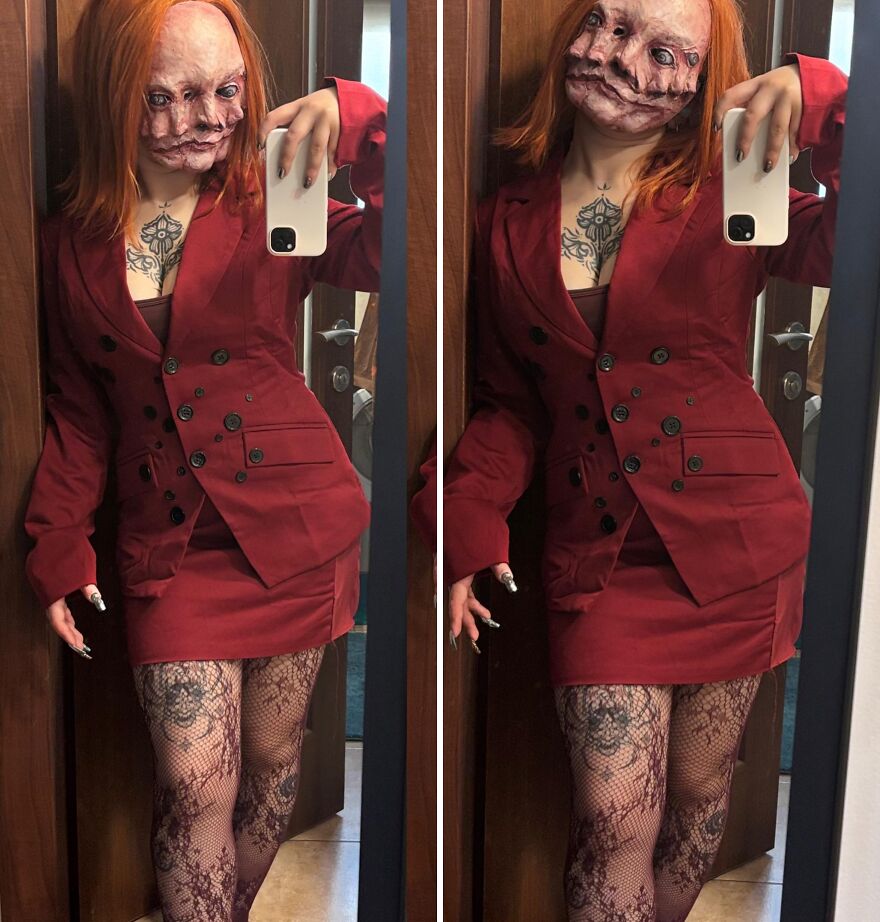 Woman in a red suit wearing a creepy face mask for a creative Halloween costume idea.