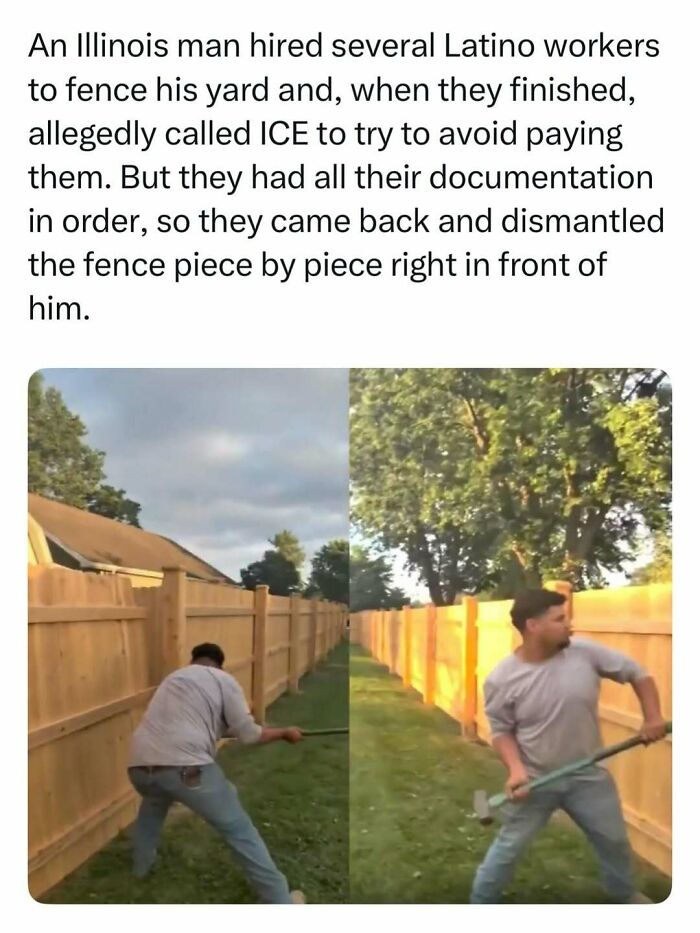 A worker dismantles a wooden fence with a sledgehammer, one of the random finds shared online.