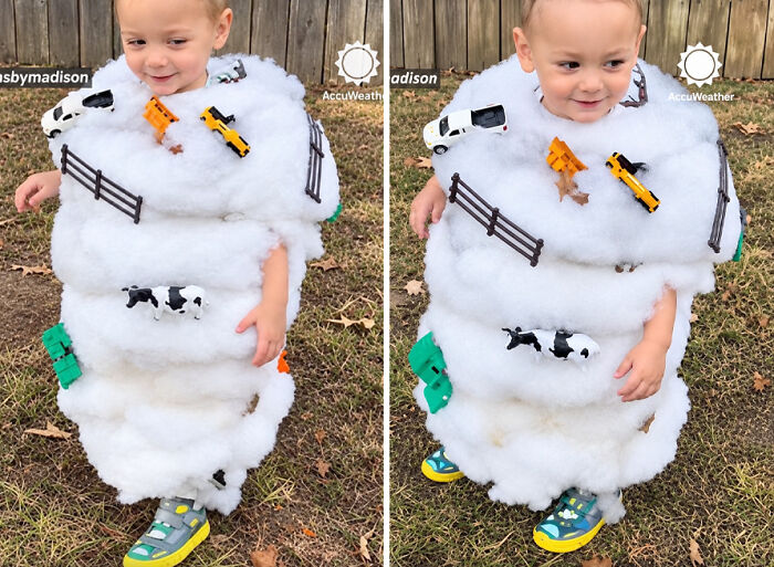 A toddler dressed in a clever tornado costume as one of the most creative Halloween costumes.