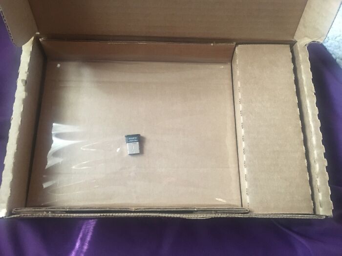 Tiny USB receiver inside a giant empty cardboard box illustrating packaging fails