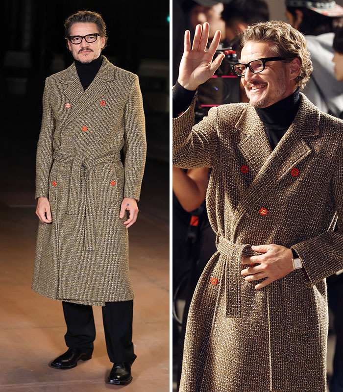 Pedro Pascal in a brown textured trench coat and glasses, attending Paris Fashion Week