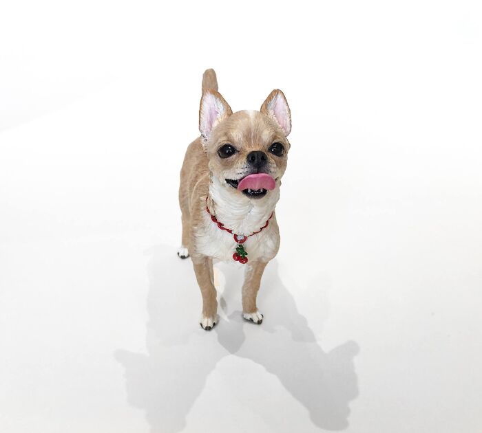 Detailed hyperrealistic sculpture of a small chihuahua dog wearing a cherry necklace on a white background