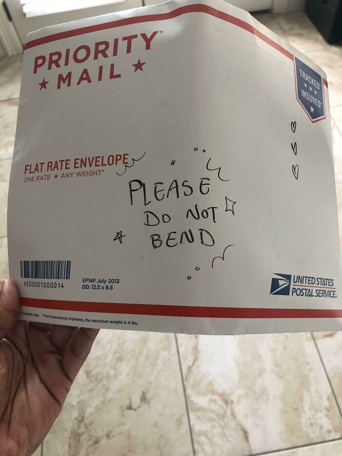 USPS priority mail envelope marked Do Not Bend showing bad packaging fails.