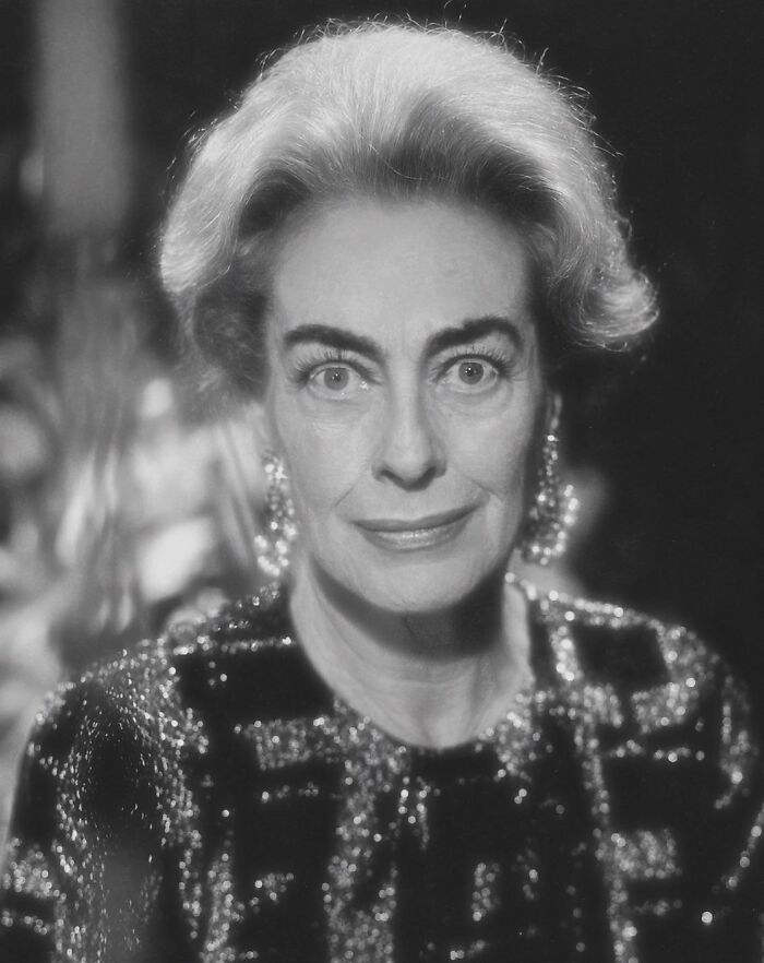 Vintage black and white portrait of actress Joan Crawford captured in photo for the last time in her life