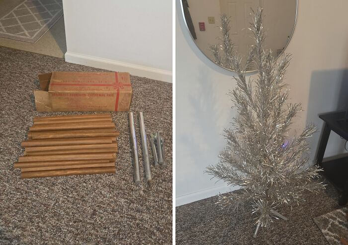An unassembled and assembled vintage silver aluminum Christmas tree, a rare thrift store find