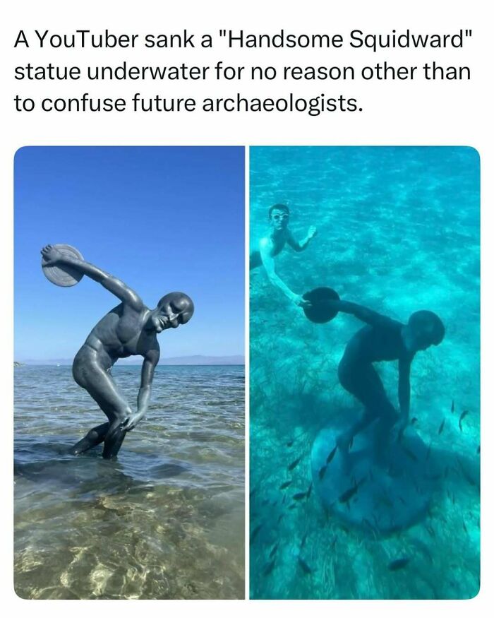 A statue of Squidward underwater, representing fascinating stories from the internet.