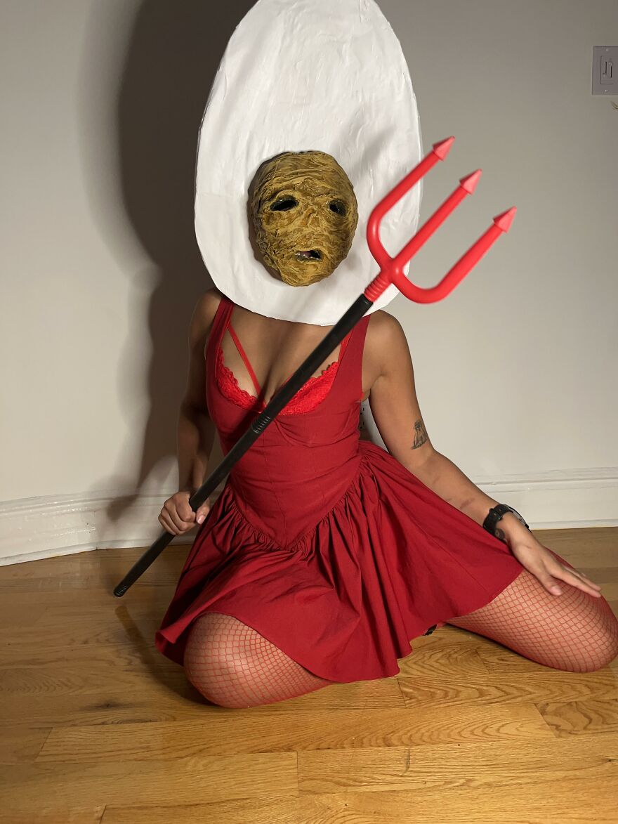 Person dressed as a deviled egg featuring creative Halloween costume ideas.