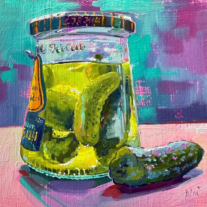 Vibrant still life painting of a pickle jar and a loose pickle, Alai Paintings